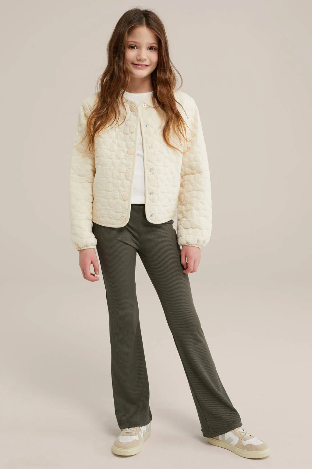 WE Fashion flared broek van polyester donkergroen