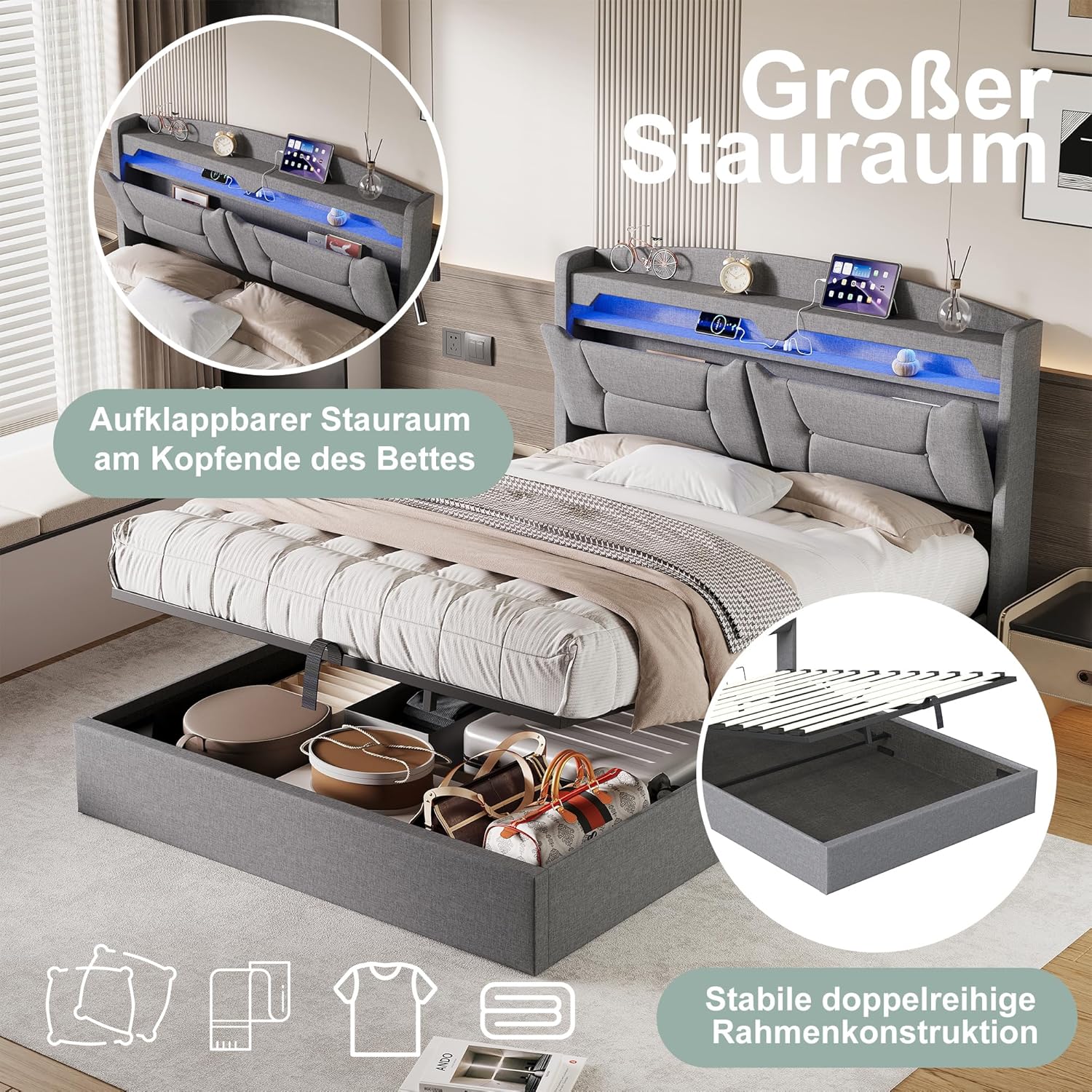 Polsterbett Doppelbett 140x200, LED Jugendbett Hydraulisch Bett mit Stauraum, LED-Kopfteil mit USB Typ-C & Staufach, Boxspringbett Bettgestell mit Lattenrost, Linen, Hellgrau, Ohne Matratze
