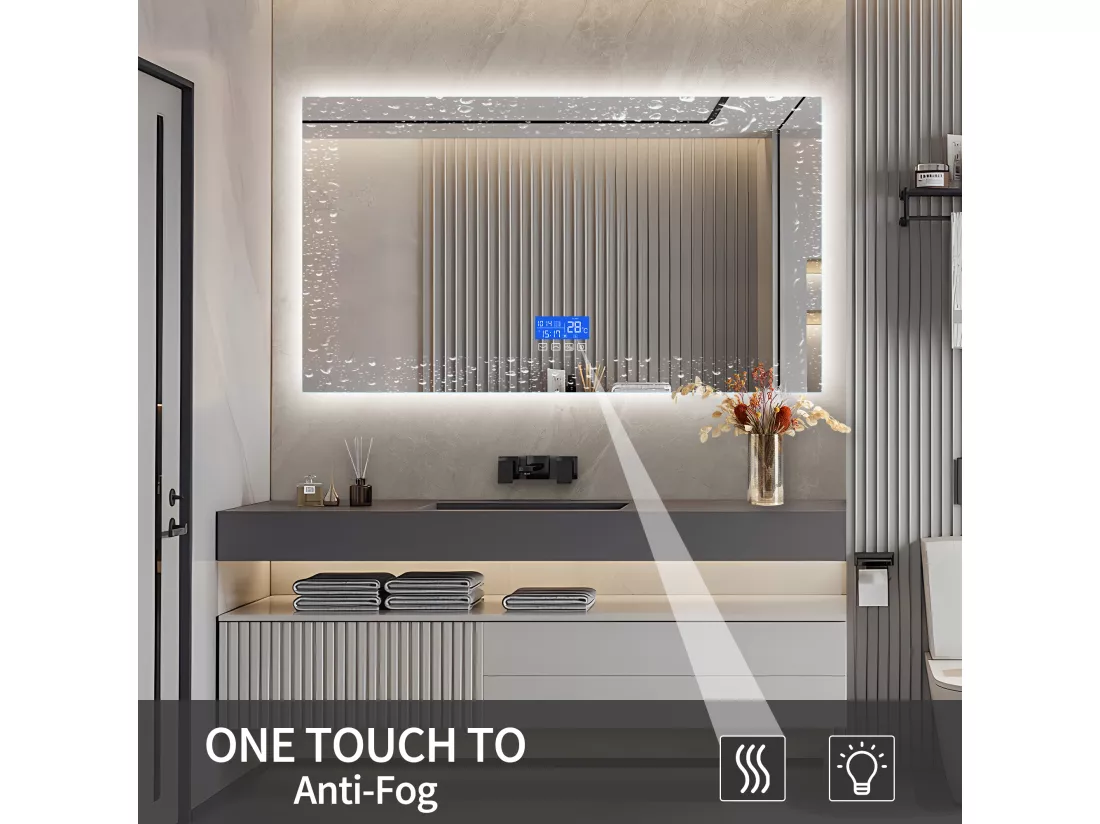 Miroir lumineux de salle de bain carré 60x140 cm, avec affichage de la température, fonction désembuage, trois niveaux de réglage de la luminosité, interrupteur tactile