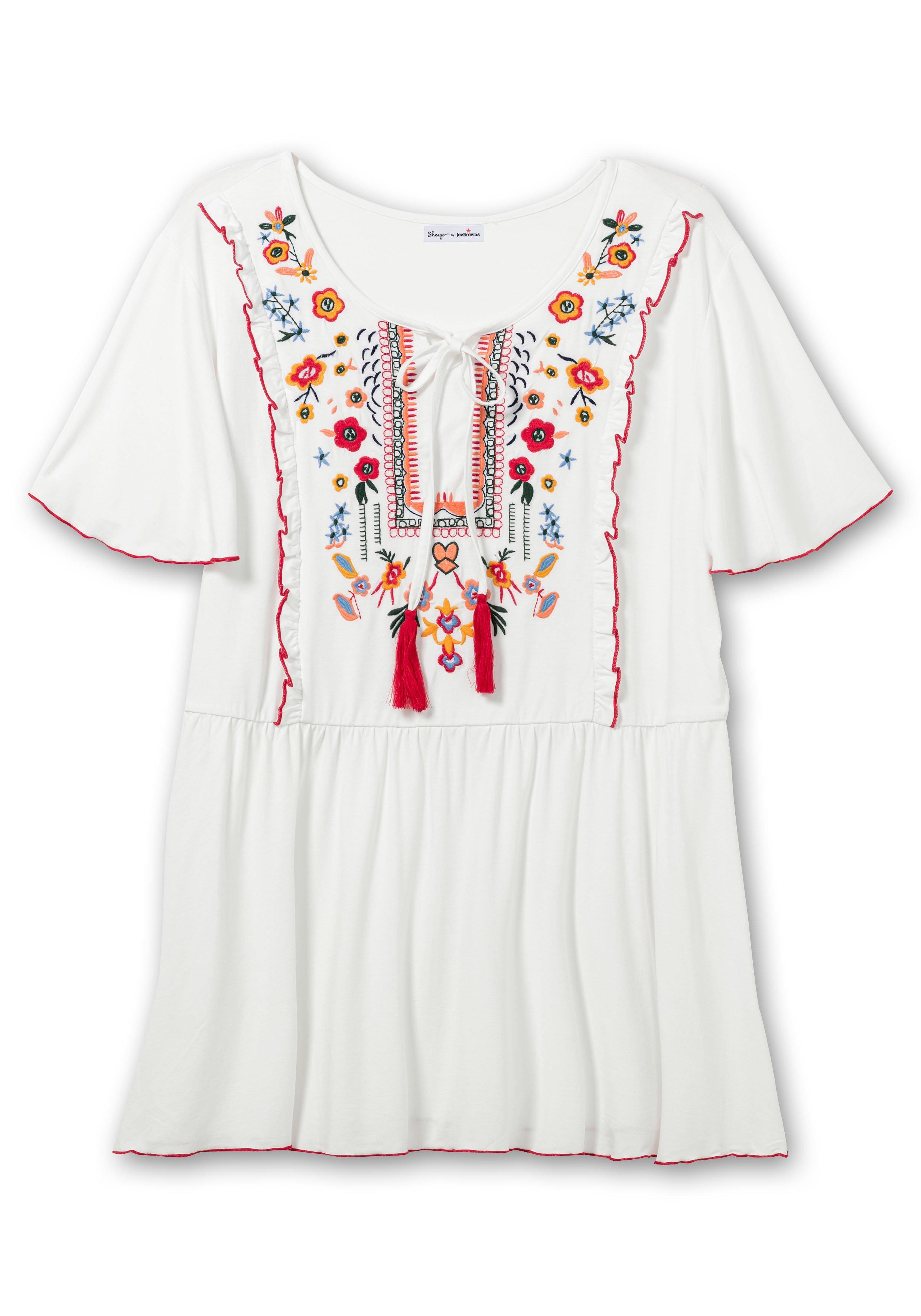 Kurzarmshirt mit Blumenstickerei und Flügelärmel