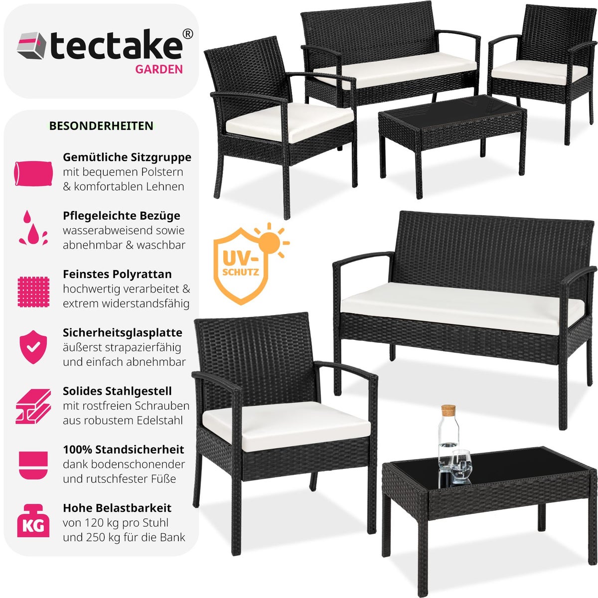 tectake Sparta rotan zitgroep voor 4 personen, slank frame