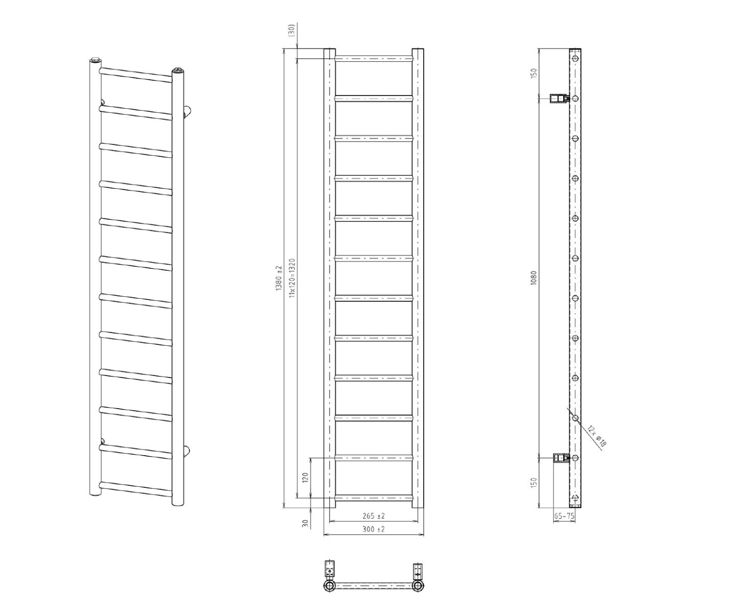 Sapho Dina handdoekradiator mat zwart 30x138cm 278W