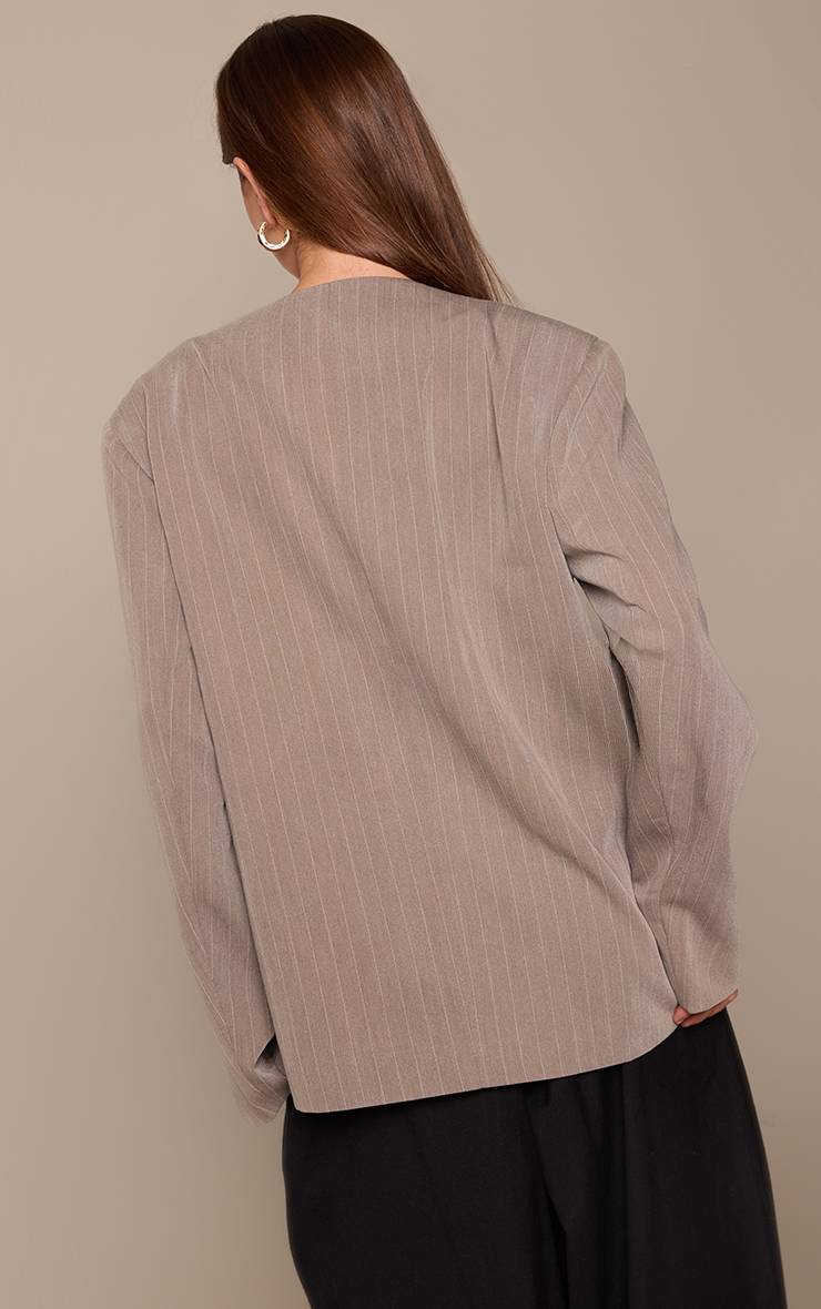 Beige Blazer Beige Rayé Sans Col Asymétrique Ajusté