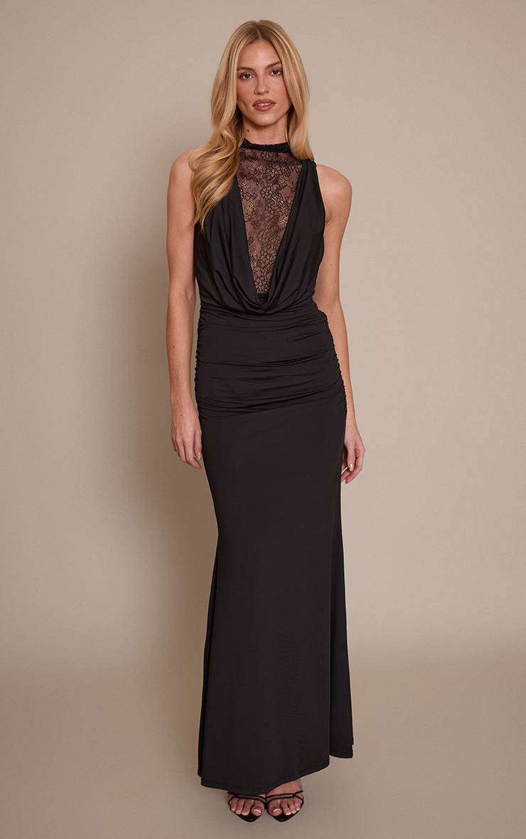 Noir Robe Longue À Col Bénitier Avec Empiècements En Dentelle Douce