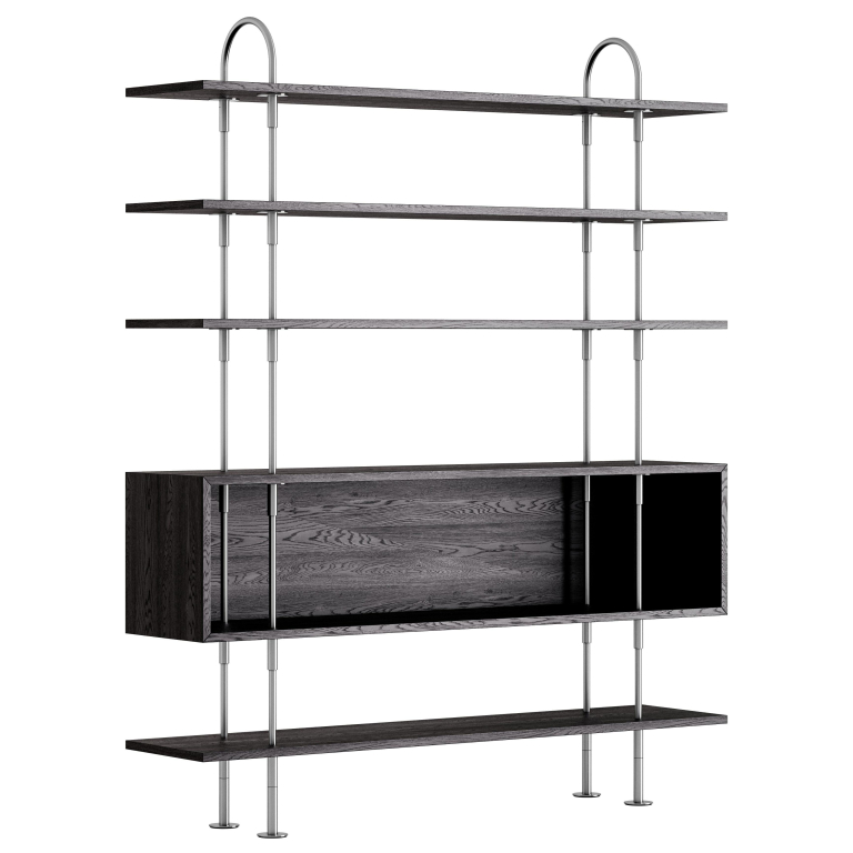 Gubi Keen stellingkast satijnroestvrij staal 160cm 4 planken en box, Smoked Tempered Glass