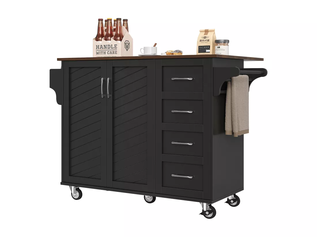 Ilot central de cuisiner - chariot à roulette avec plateau extensible - 2 tiroirs et 2 portes - Noir