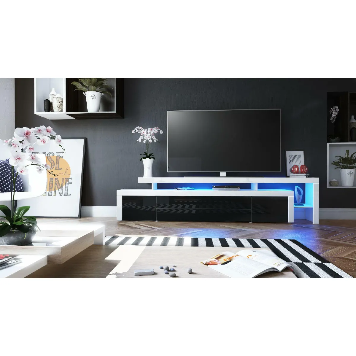 Mpc Meuble TV Blanc Et Noir Laqué + LED (lxhxp) : 227 X 52 X 43