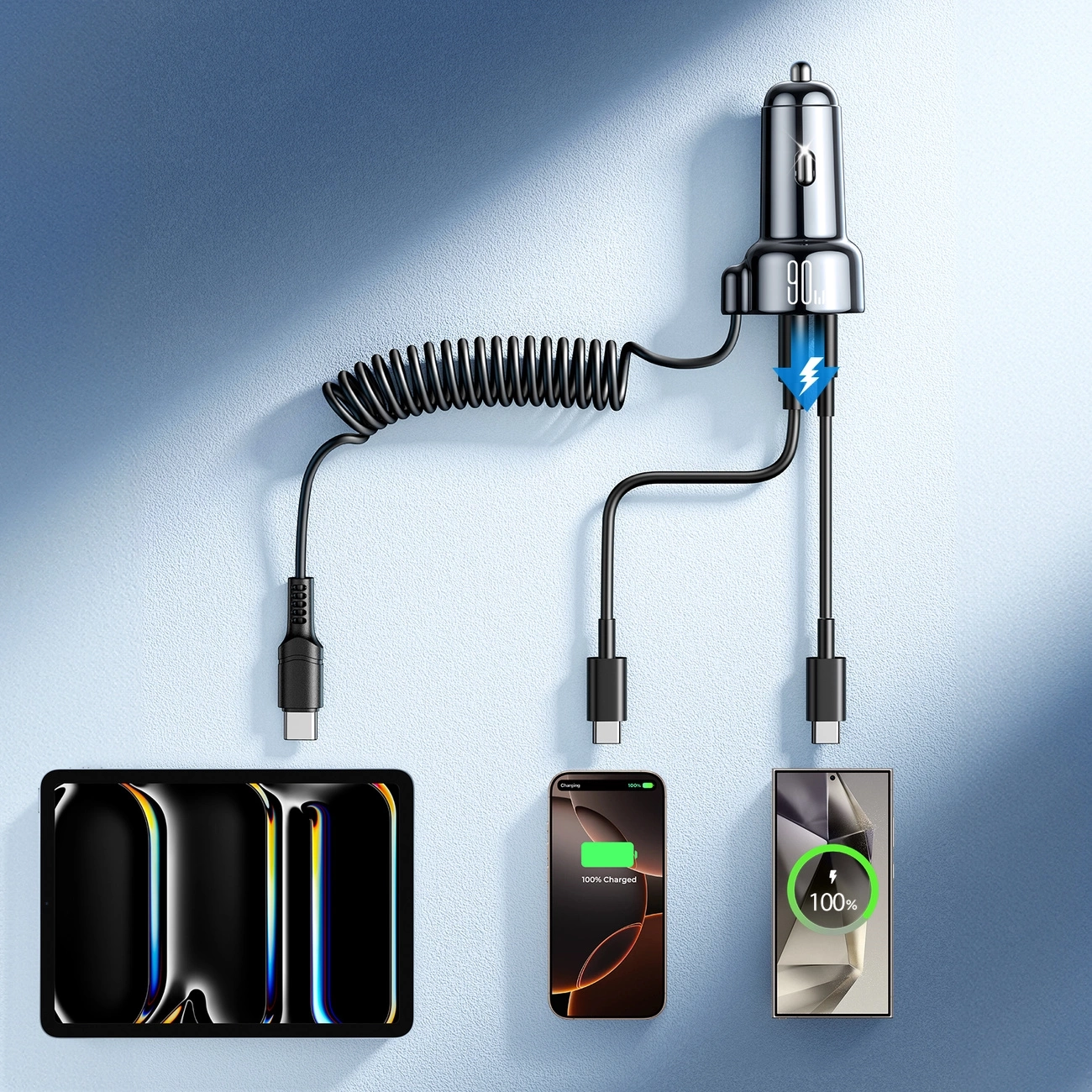 (72W) USB C / USB A Auto KFZ Ladegerät Car Charger für Zigarettenanzünder mit USB C Spiral Ladekabel (JR-CL07) - Schwarz