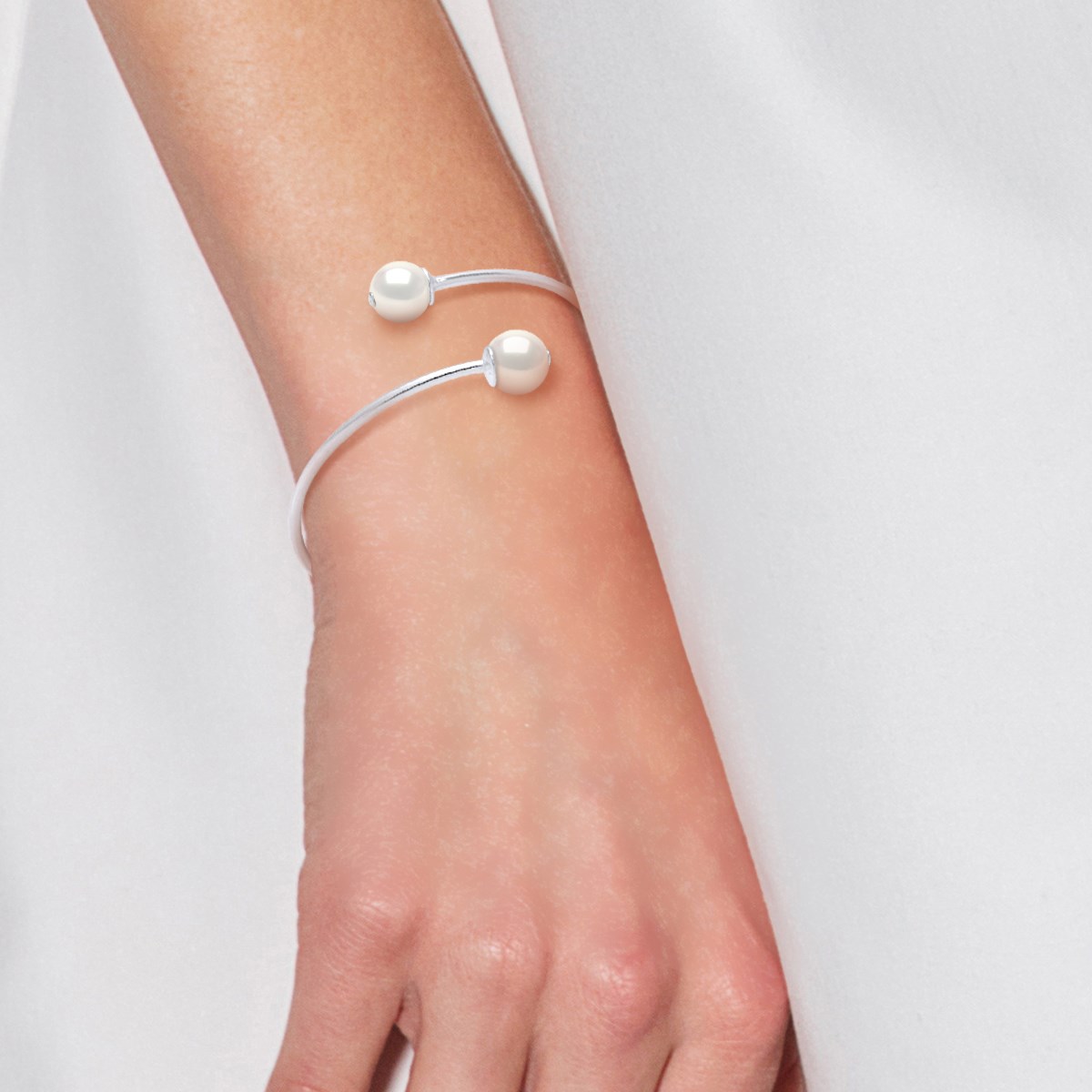 Bracelet Jonc TOI ET MOI 2 Perles d'Eau Douce Rondes 8-9 mm Blanches Argent 925