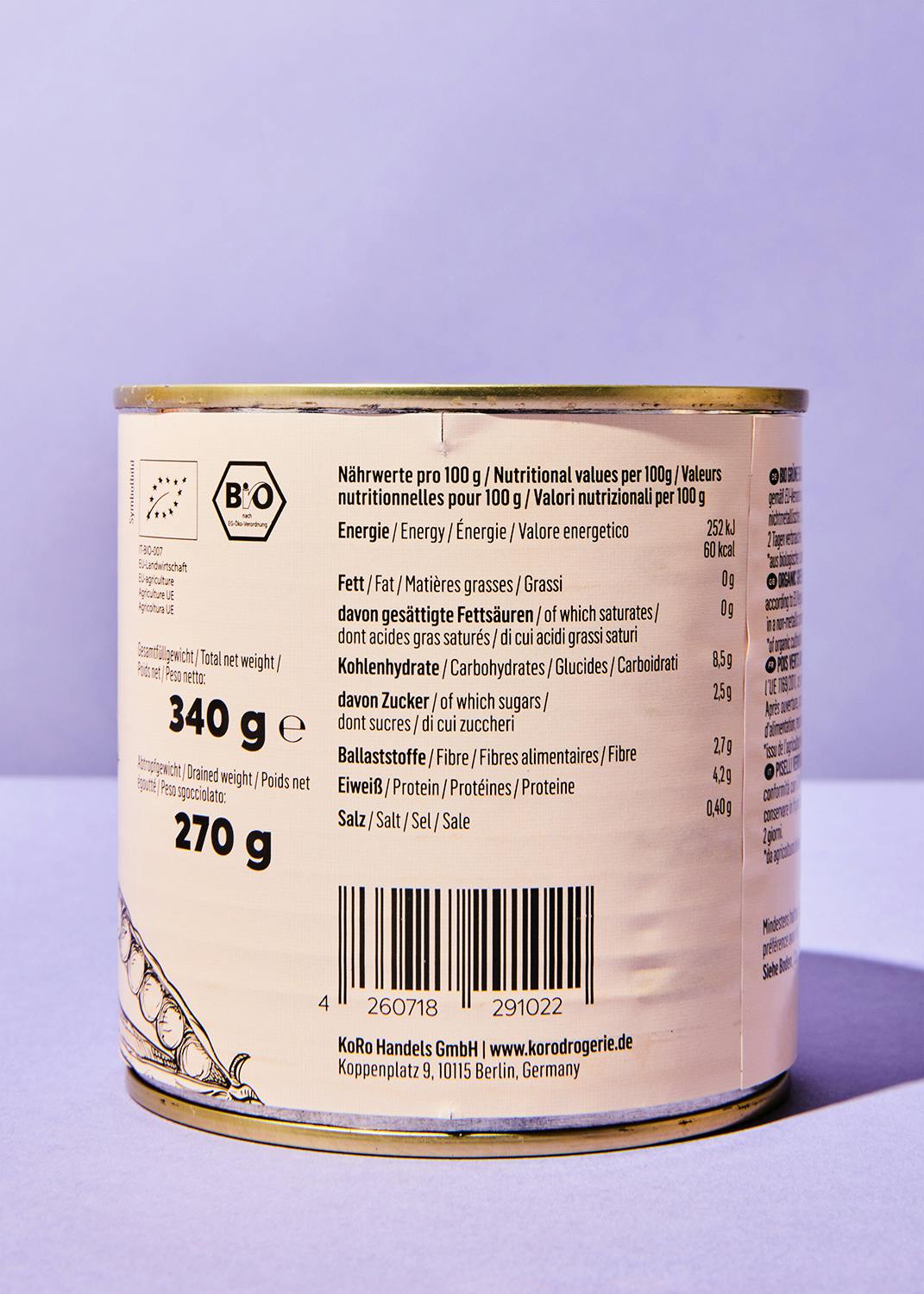 Bio Erbsen in der Dose 270 g