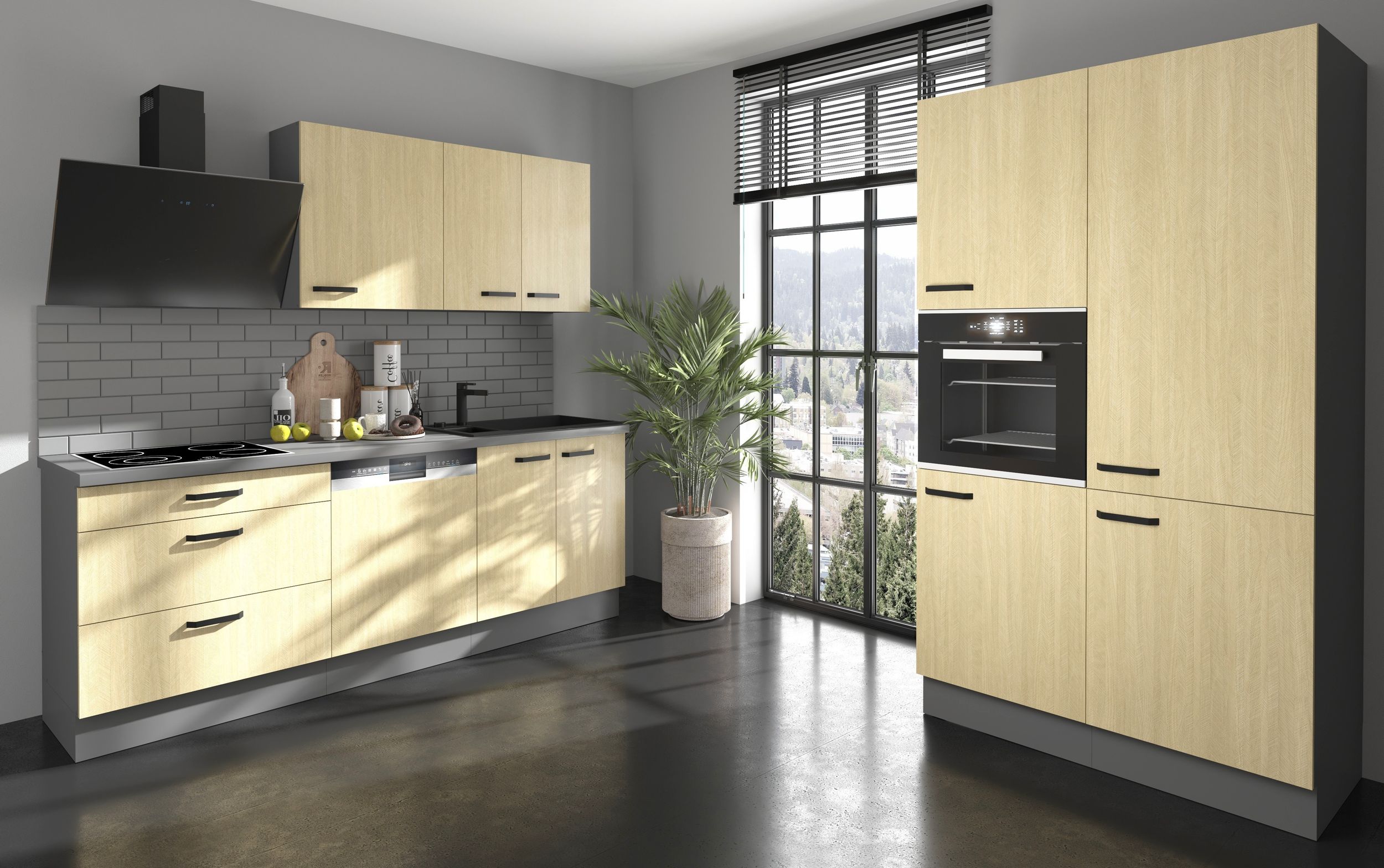 Küche SCANDI 220 + 120 cm Fischgrät Optik Küchenzeile Küchenblock Einbauküche