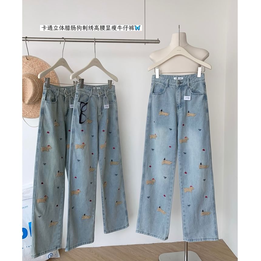 Dute - High Rise Dog geborduurde gewassen wijde jeans