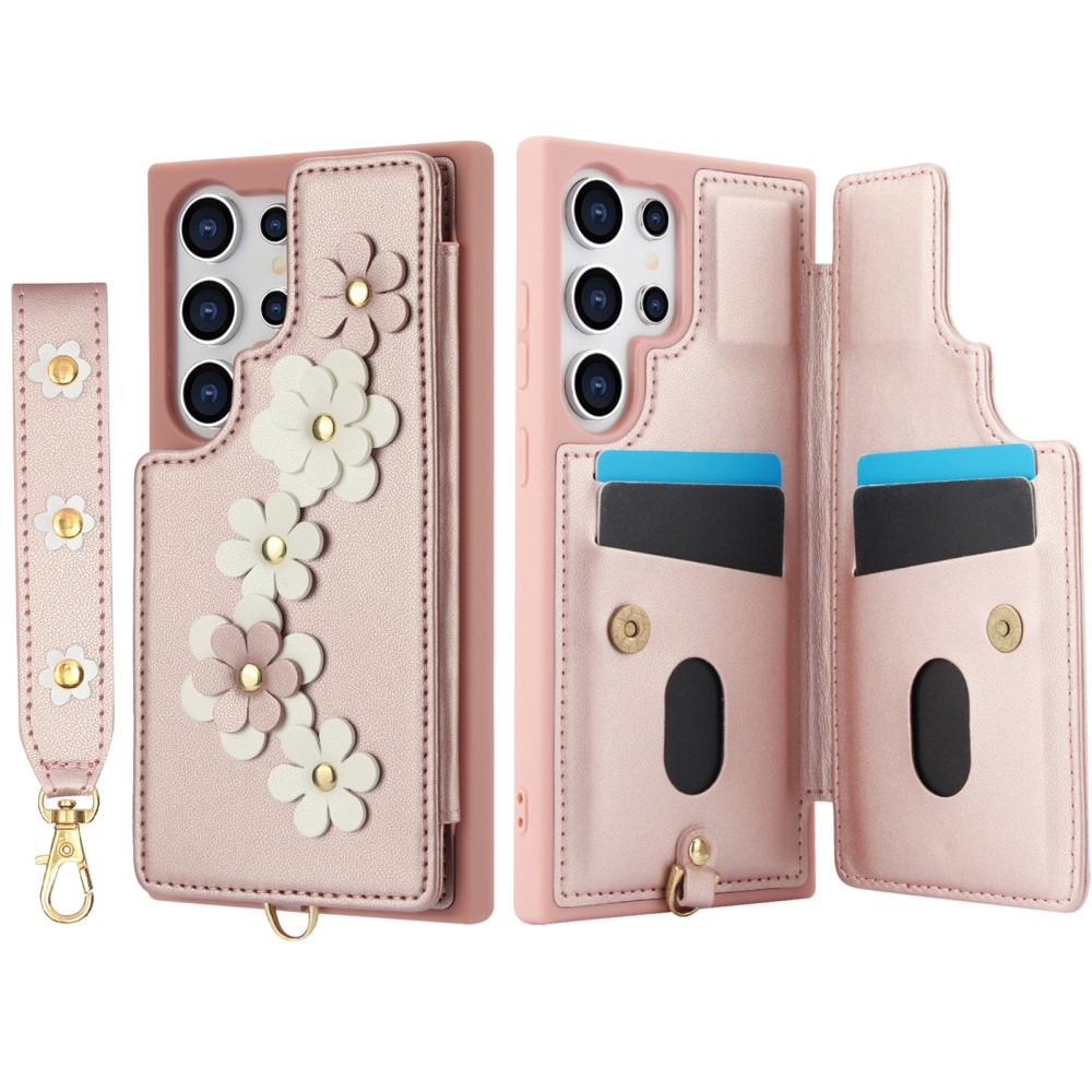 Samsung Galaxy S25 Ultra Necklace Leder Schutz Hülle mit Kartenfächer Blumen   Handykette (140cm) - Roségold