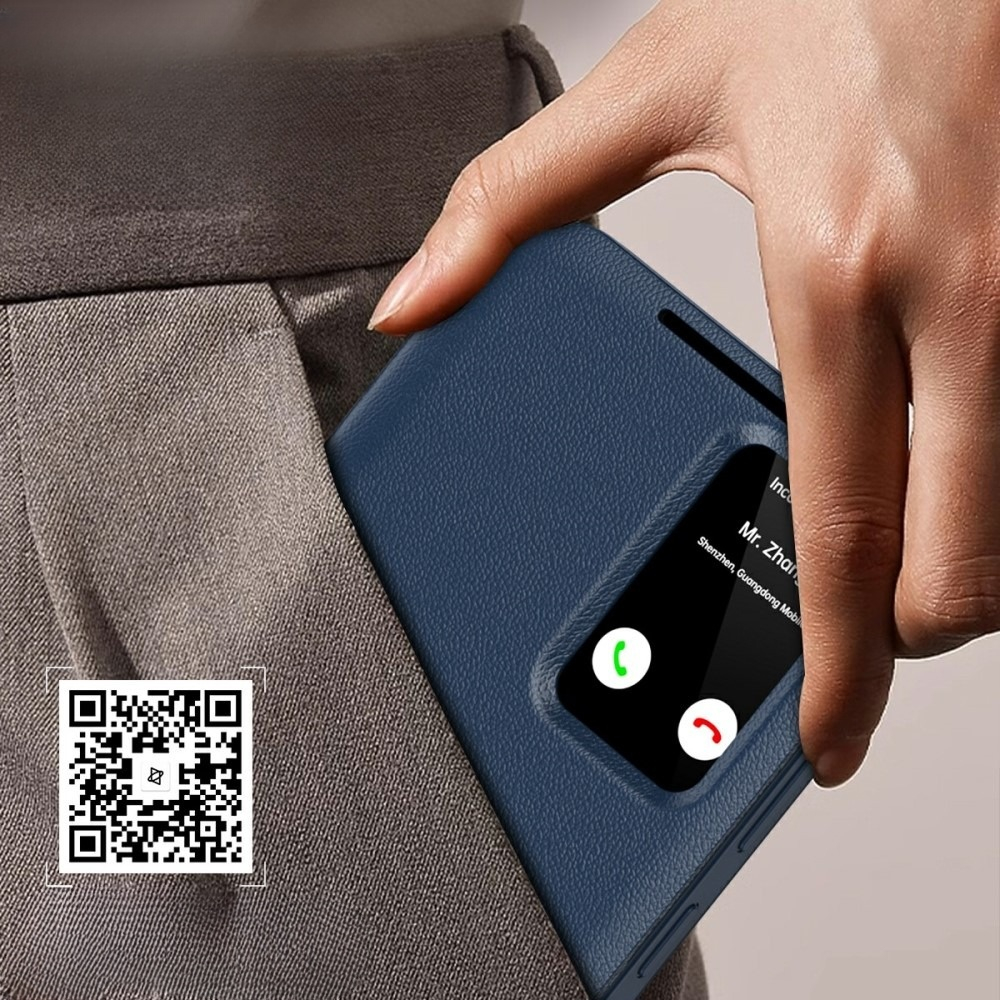 Samsung Galaxy A56 Leder Hülle Small Window View Flip Case Litchi Look - Dunkelblau