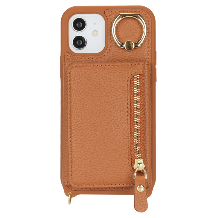 iPhone 12 / iPhone 12 Pro Necklace Leder Hülle mit Münzfach und Kartenfächer   Finger Griff Halterung   Handykette - Braun