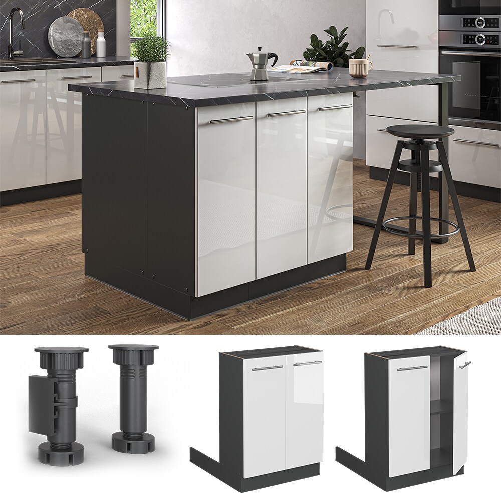 Vicco Regalinselunterschrank Küchenschrank Küchenmöbel Fame-Line Anthrazit Weiß 60 cm modern Hochglanz Küche Einbauküche Kücheninsel Drehtür Einlegeboden Blende Küchenunterschrank Küchenzeile