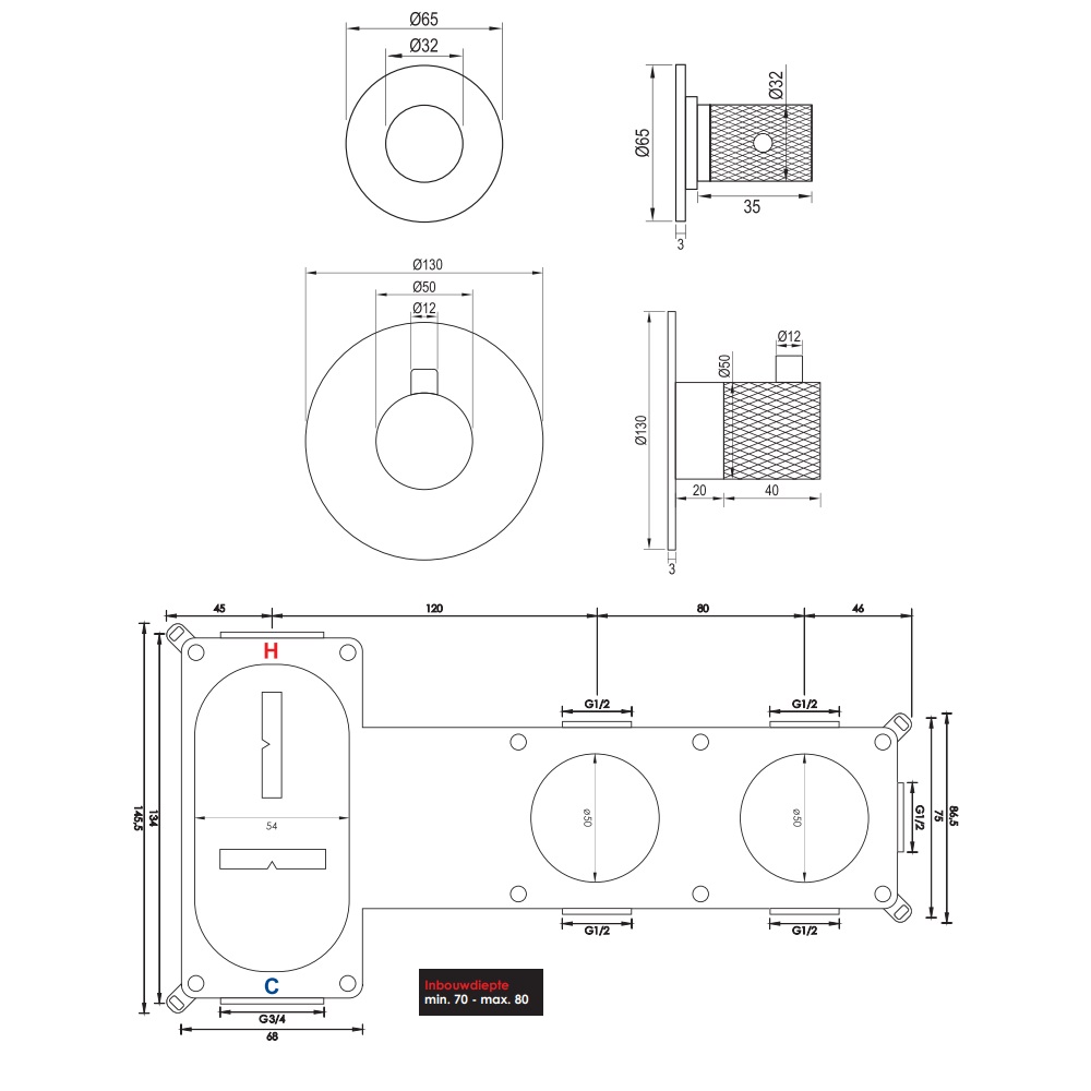 Brauer Brushed Carving inbouw badkraan met badvulcombinatie en 3 standen handdouche RVS geborsteld PVD