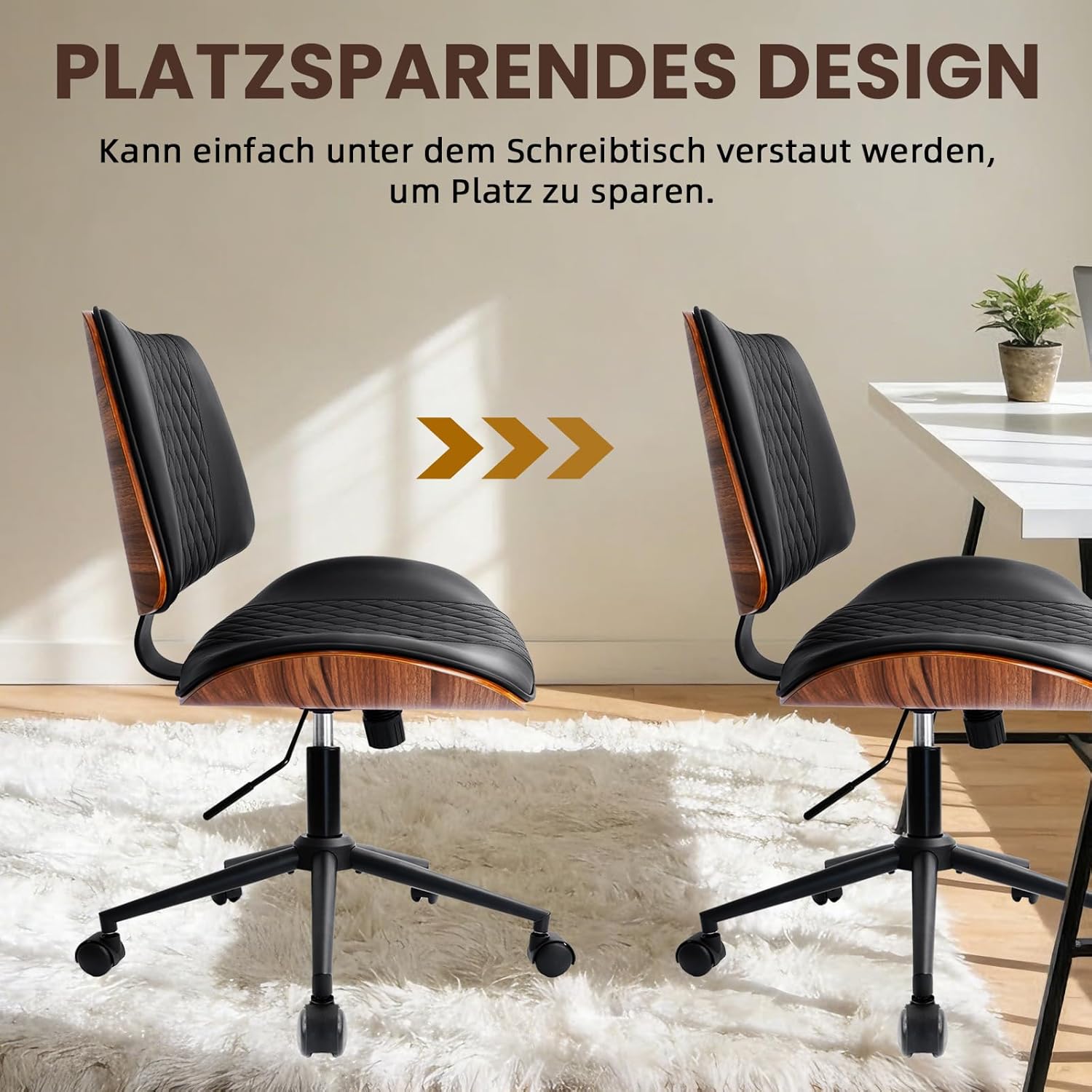 Bürostuhl, Schreibtischstuhl ohne Armlehne, PU-Leder Ergonomischer Bürostuhl, 360° Drehstuhl mit Höhenverstellung & 90°-125° Wippfunktion, Lesesessel für Schlafzimmer Büro Arbeitszimmer