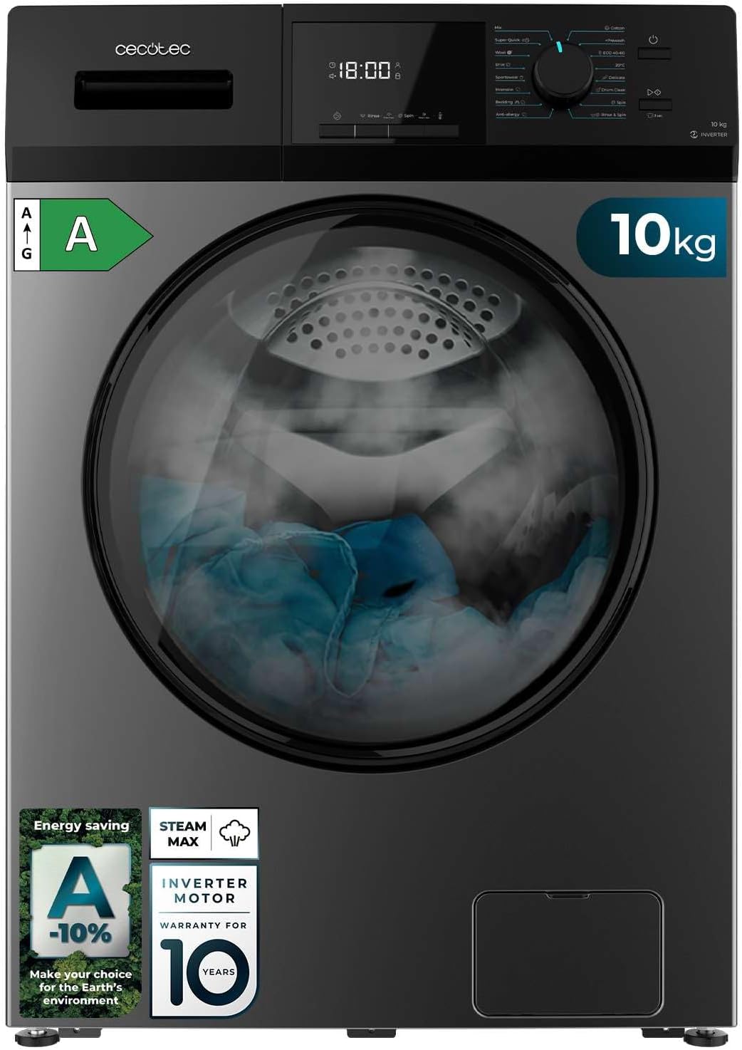 Cecotec Lave-Linge 9Kg Chargement Frontal Bolero Dresscode 9410 Inverter A. 1900W, 1400 tr/min Réglable, 16 Programmes, Faible Consommation d'Énergie, Vapeur, Stérilisation du Linge