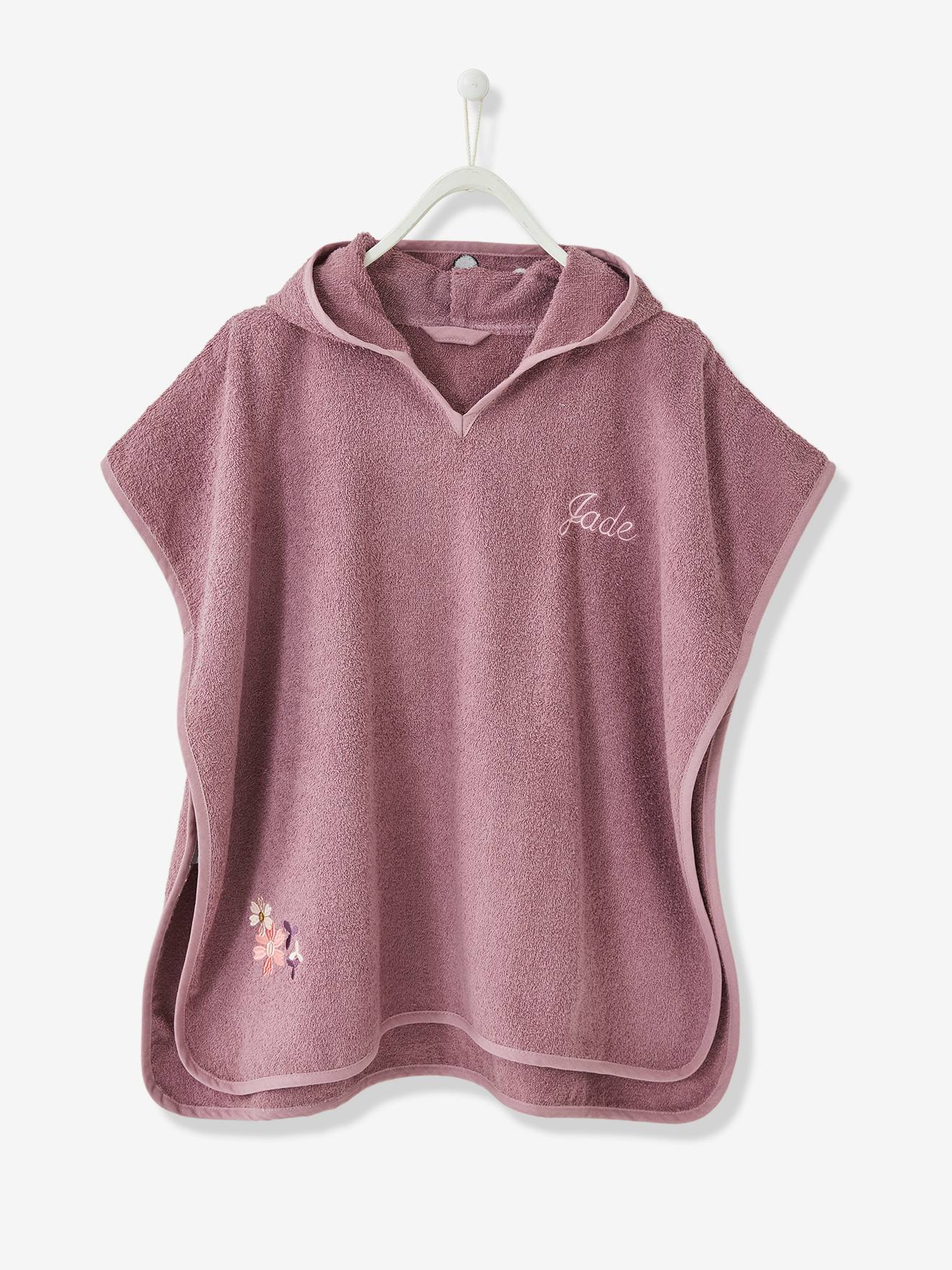 Poncho de banho roxo com estampa de veado, tamanho médio liso com motivos.