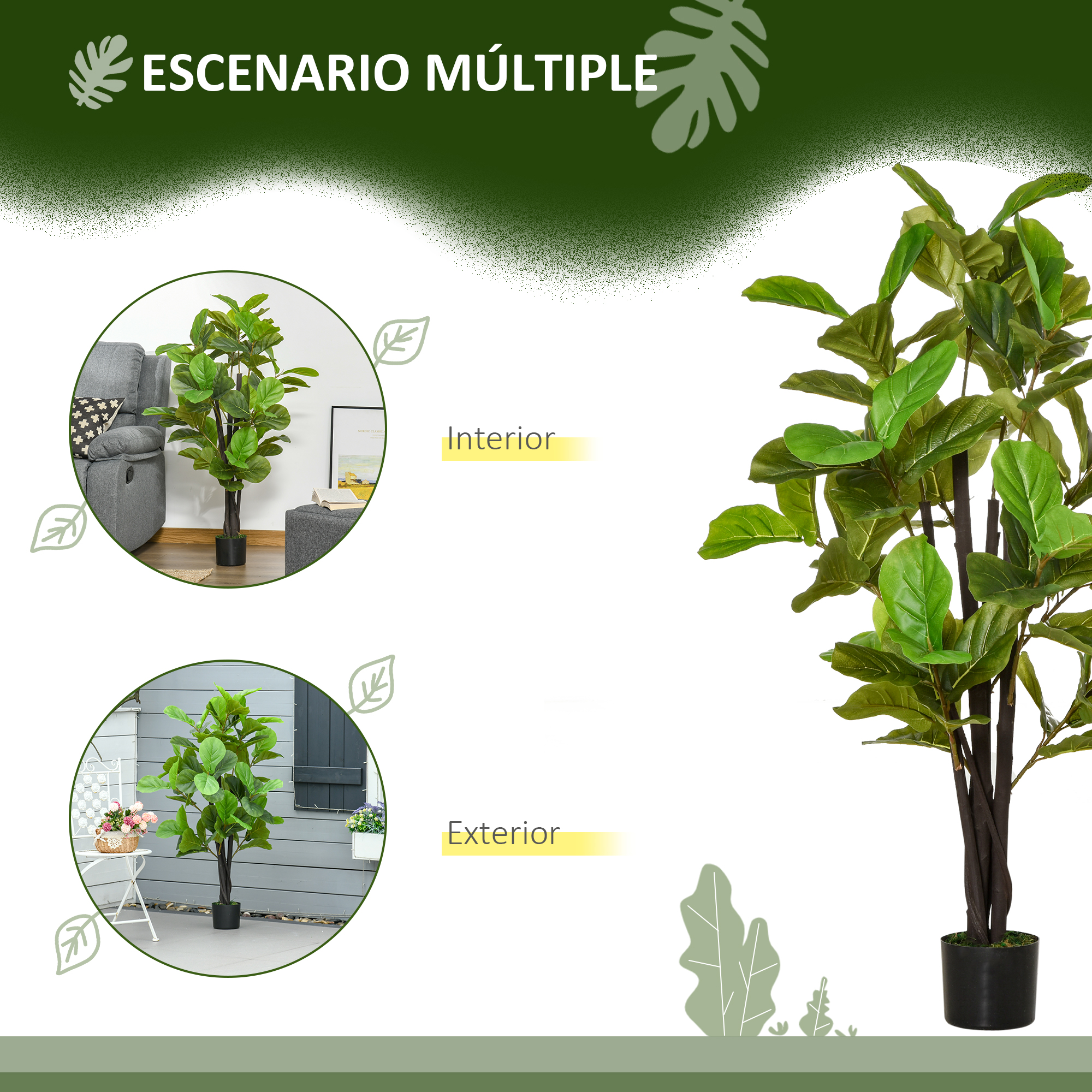 HOMCOM Ficus artificial de 130 cm com vaso - Plantas artificiais decorativas para ambientes internos e externos, como sala de estar e escritório - Verde