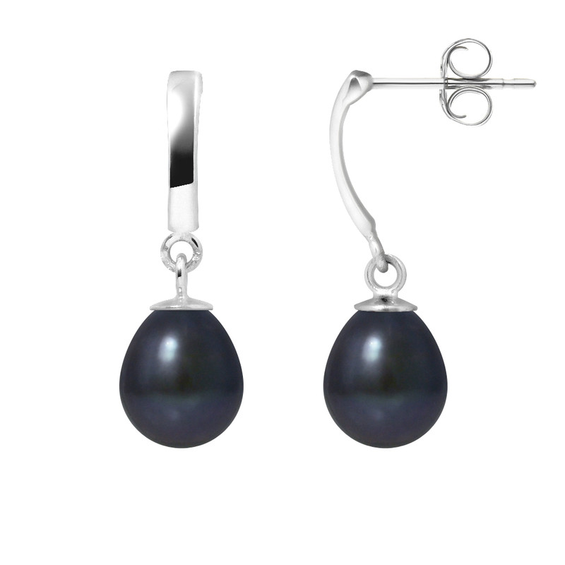 Boucles d'Oreilles Pendantes Perles de Culture d'eau douce Noires et or blanc 375/1000