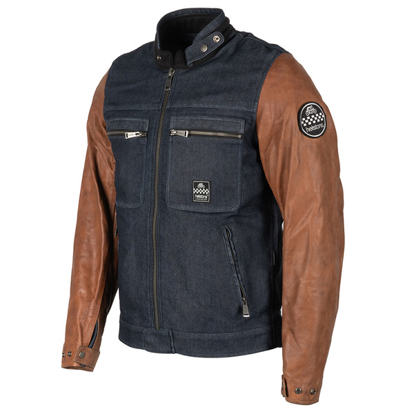 Helstons - Blouson Winston Coton Cuir Bleu / Marron
