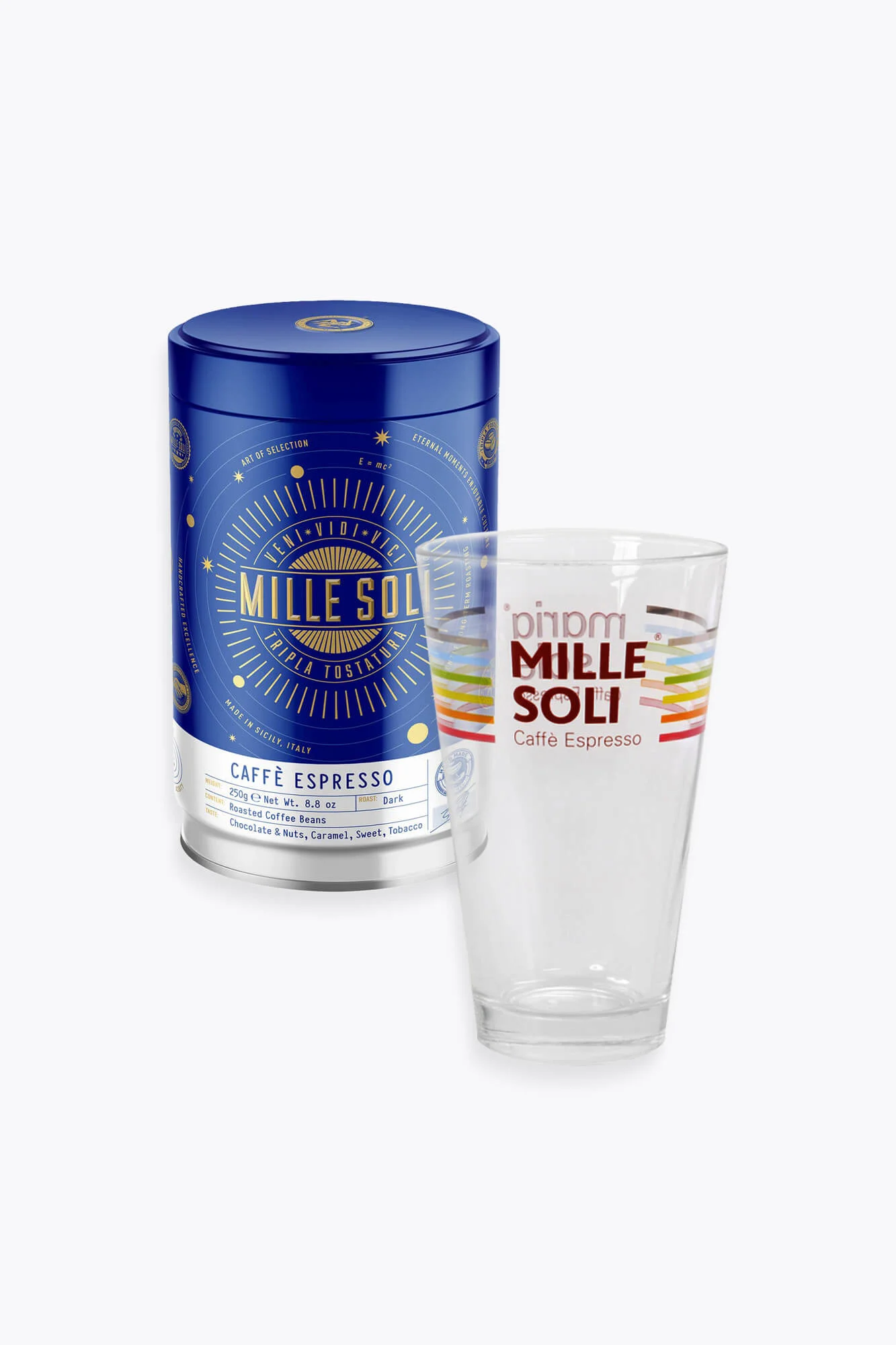 Mille Soli Caffè Espresso 250g Dose & Latte Macchiato Glas zum Aktionspreis