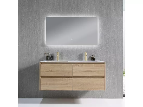 Meuble salle de bain double vasque 120cm bois naturel et effet marbre blanc avec miroir LED LB-8475C-120