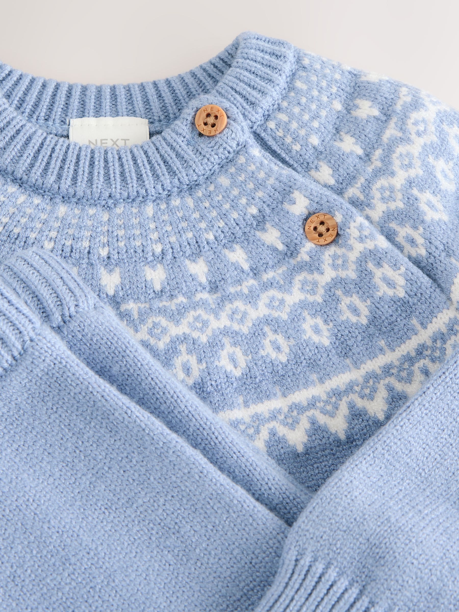 Blauw met fairislemotief - Babyset van gebreide top en legging (0mnd-2jr)