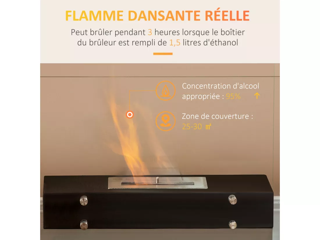 Cheminée à poser bioéthanol en métal et verre trempé avec réservoir 1,5 L couverture 25 m² - dim. 60L x 26l x 50H cm
