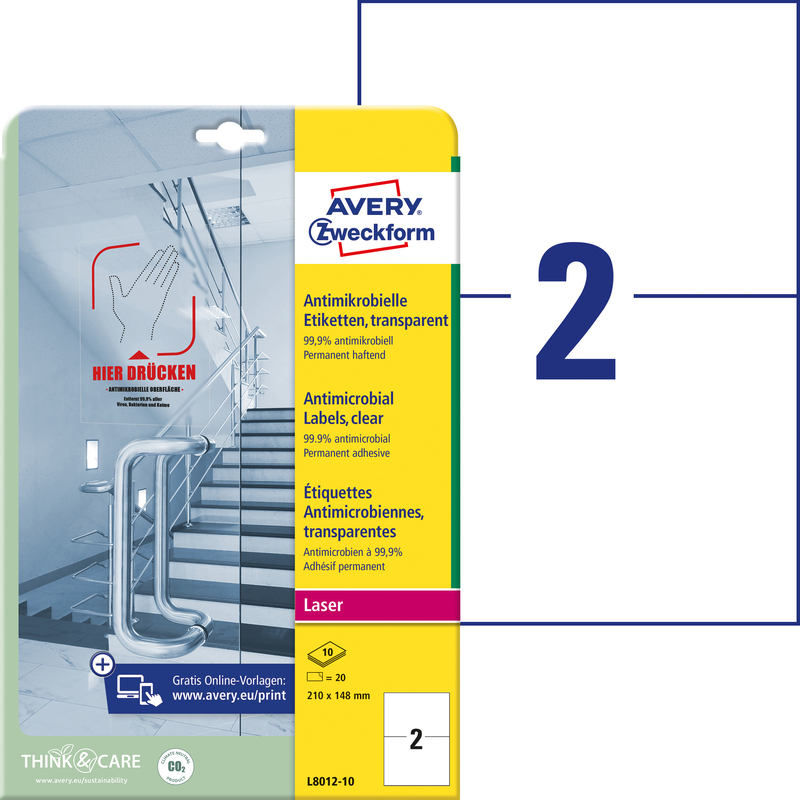 Avery Zweckform Etiketten Antimikrobiell, transparent, L8012-10, 210 x 148 mm, 10 Blatt