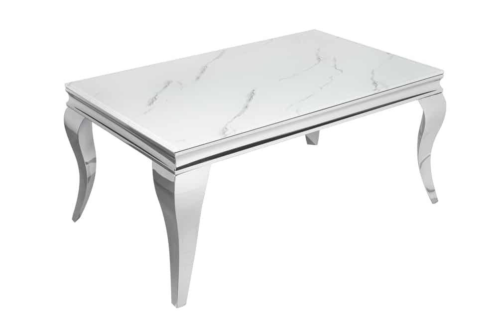 Eleganter Couchtisch MODERN BAROCK 100cm Glasplatte in Marmoroptik Edelstahlbeine