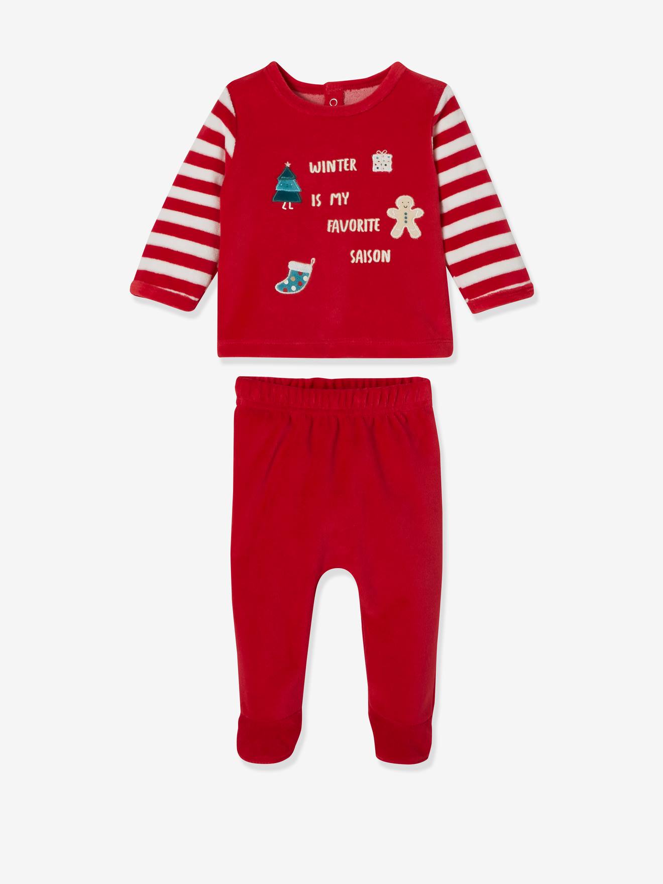 Pijama de veludo de duas peças para bebê, vermelho escuro, liso com estampas, tema natalino.