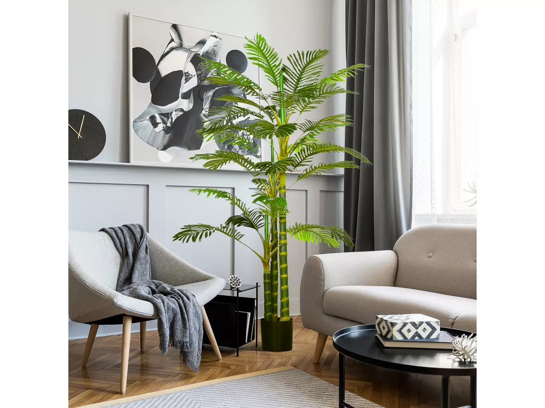 Palmier areca artificiel hauteur 190 cm plante artificielle tropicale avec 30 grandes feuilles grand réalisme en plastique pot inclus vert