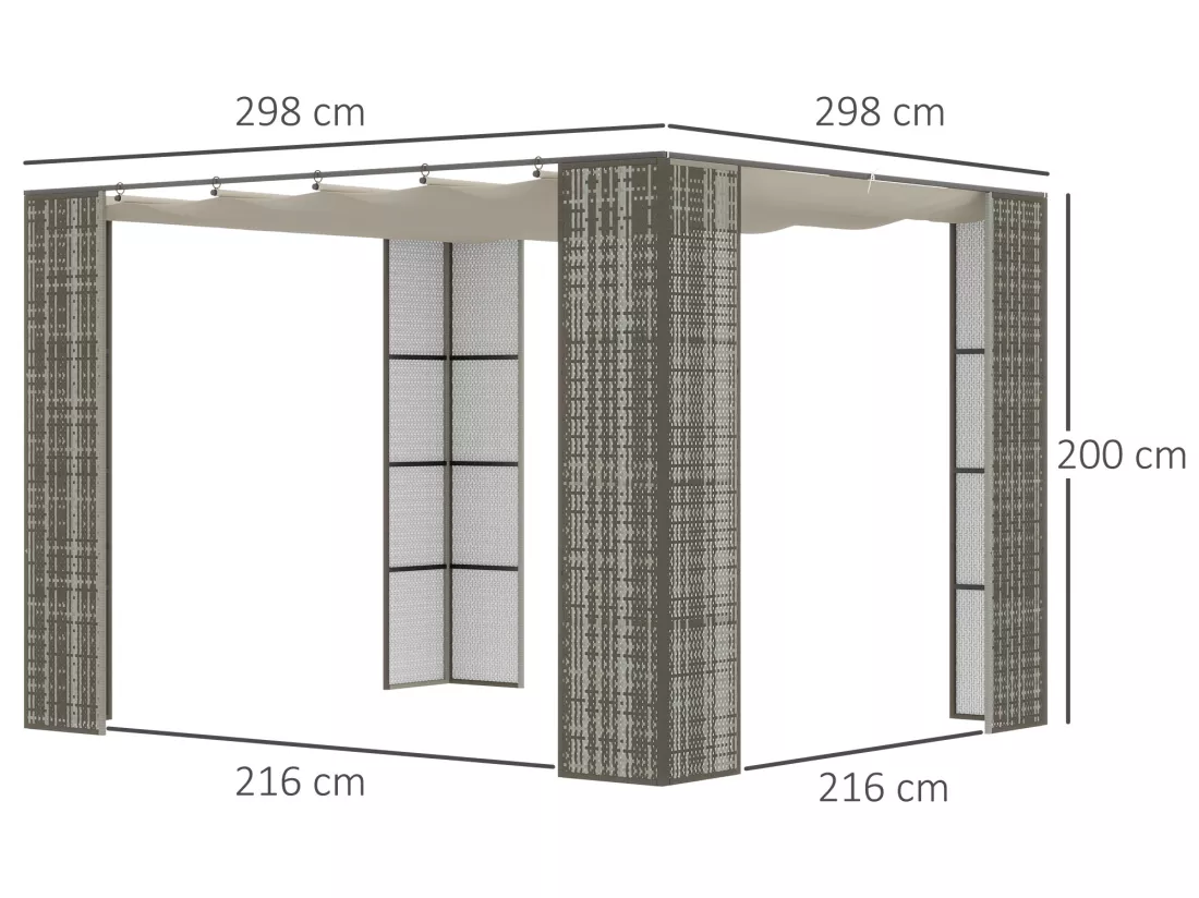 Pergola rétractable style colonial dim. 2,98L x 2,98l x 2H m métal époxy anticorrosion résine tressée grise toile polyester haute densité 180 g/m² crème