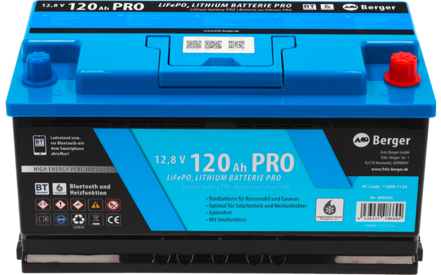 Berger LiFePO4 Lithium Batterie 120 Ah 12V mit Bluetooth (mit & ohne Heizung)