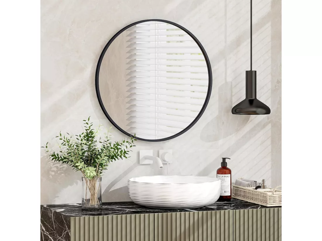 Miroir de salle de bain antidéflagrant, miroir mural rond ø 61 cm, noir