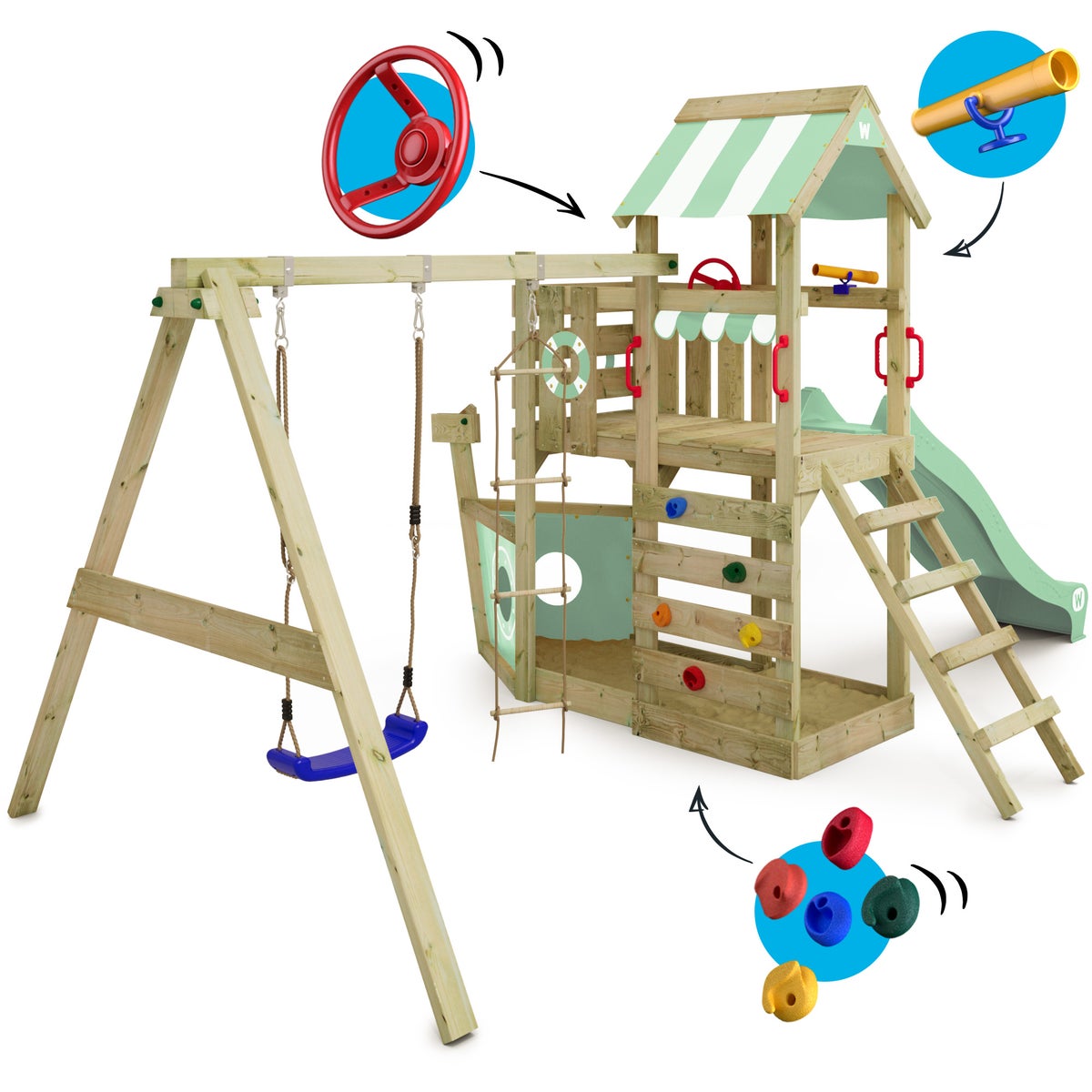 WICKEY SeaFlyer speeltoren klimtoestel met schommel en glijbaan, boomhut met zandbak, klimladder en speelaccessoires – pastelgroen