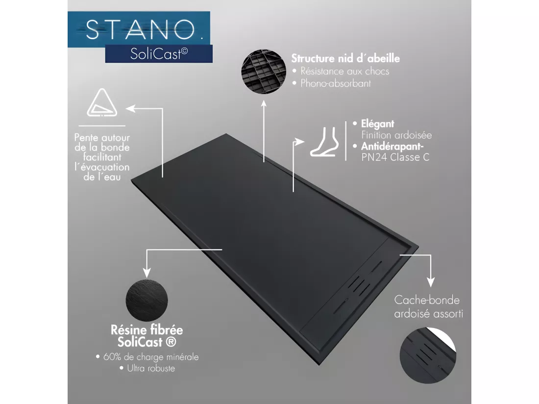 Receveur de douche 80 x 180 cm extra plat SALVI en SoliCast® surface ardoisée noir