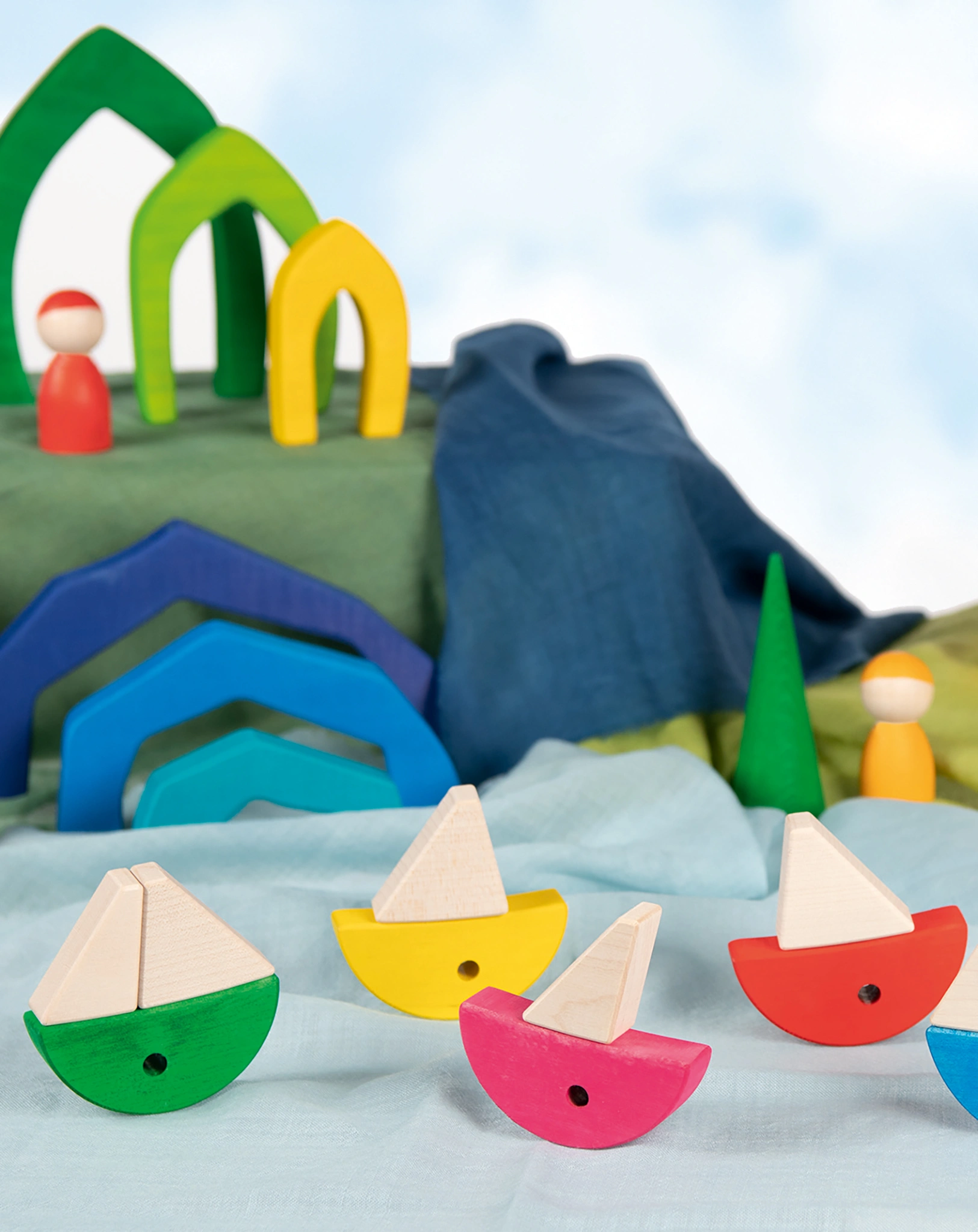 Bausteinkasten 6 BUNTE FISCHE aus Holz
