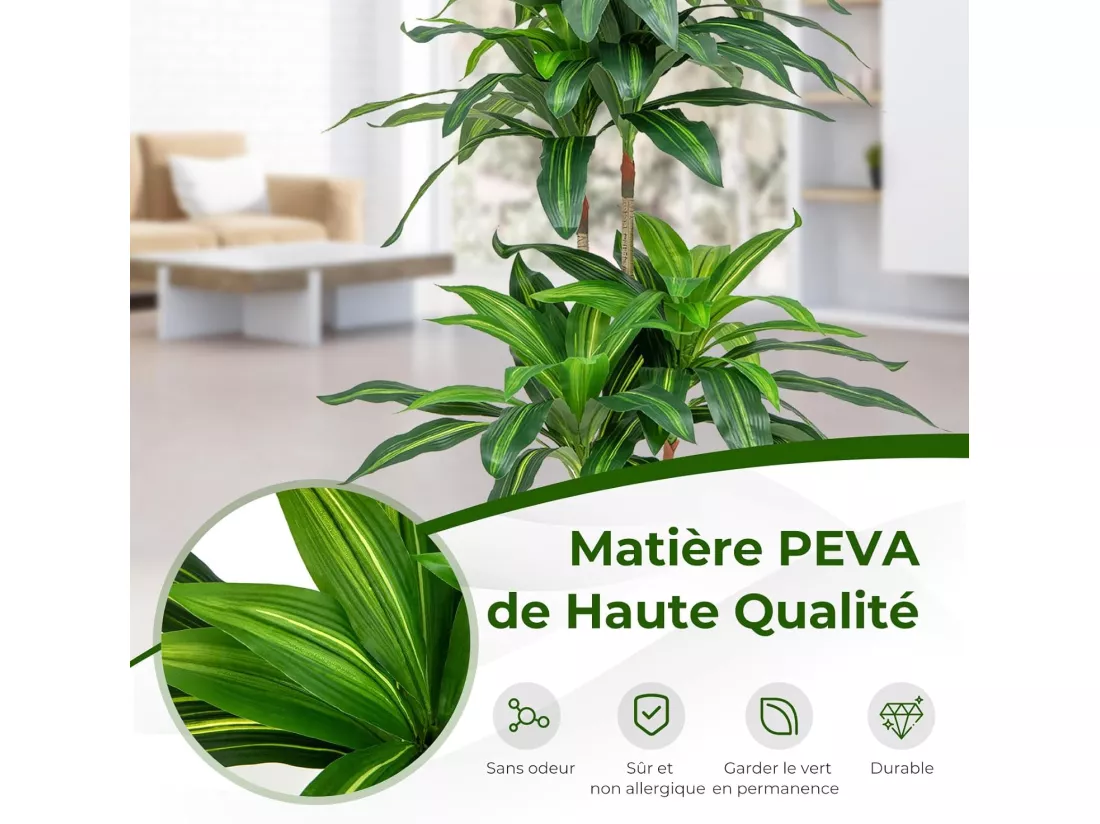 Arbre Artificiel de 140 cm de Haut, Fausse Plante Dracaena avec 92 Feuilles Pot en Ciment Couverture de Mousse, sans Entretien, pour Décoration de Jardin Maison Bureau