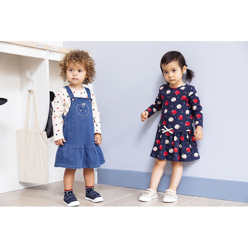 Robe à bretelles en denim avec broderie pomme pour bébé fille - Bleu