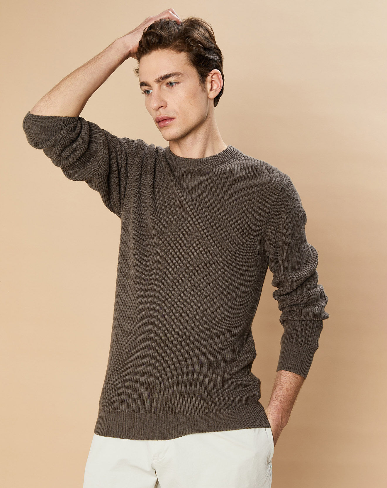 Hartford Pull en Coton & Cachemire Rib Crew olive