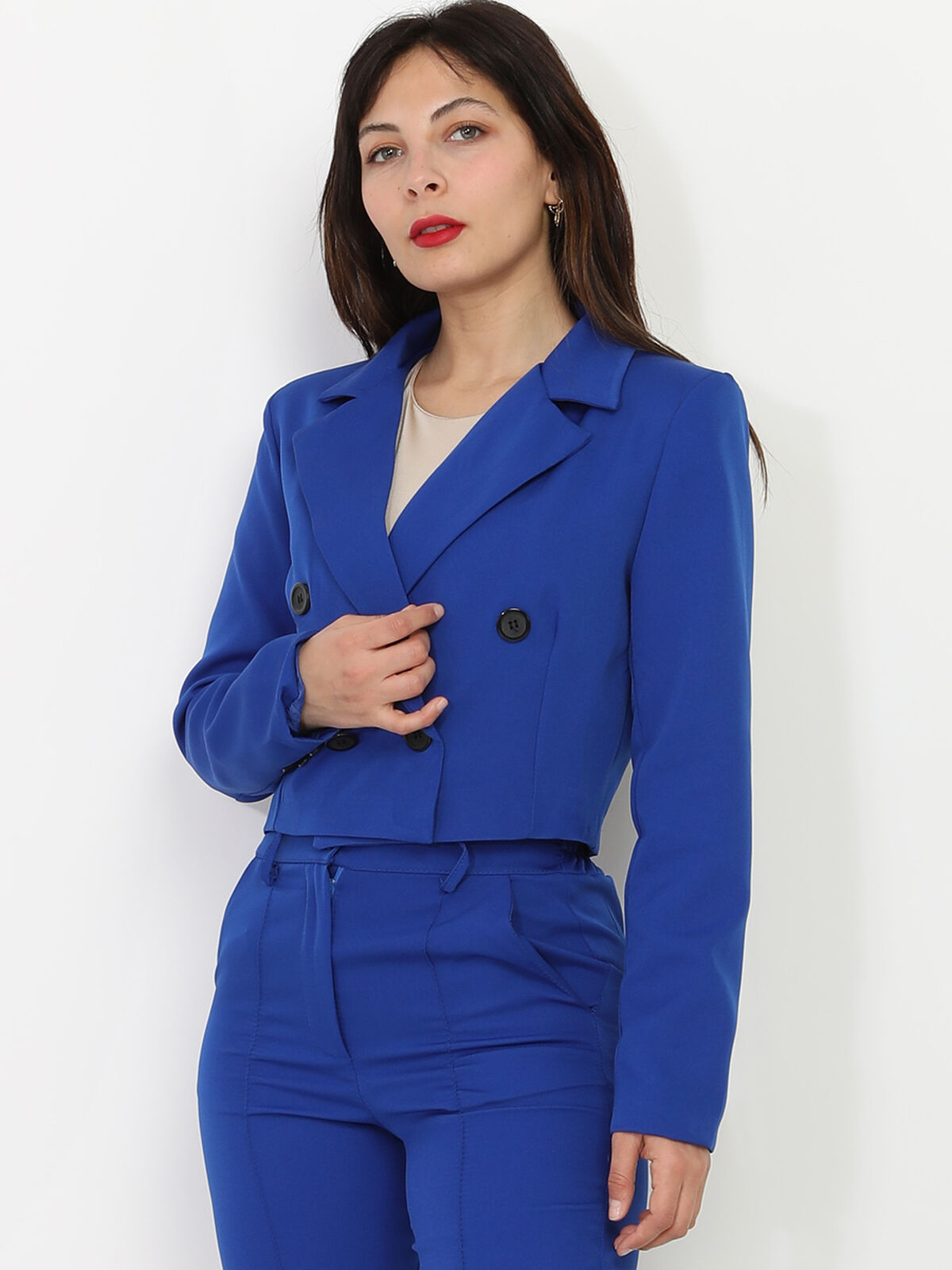 Blazer court à boutons- Bleu
