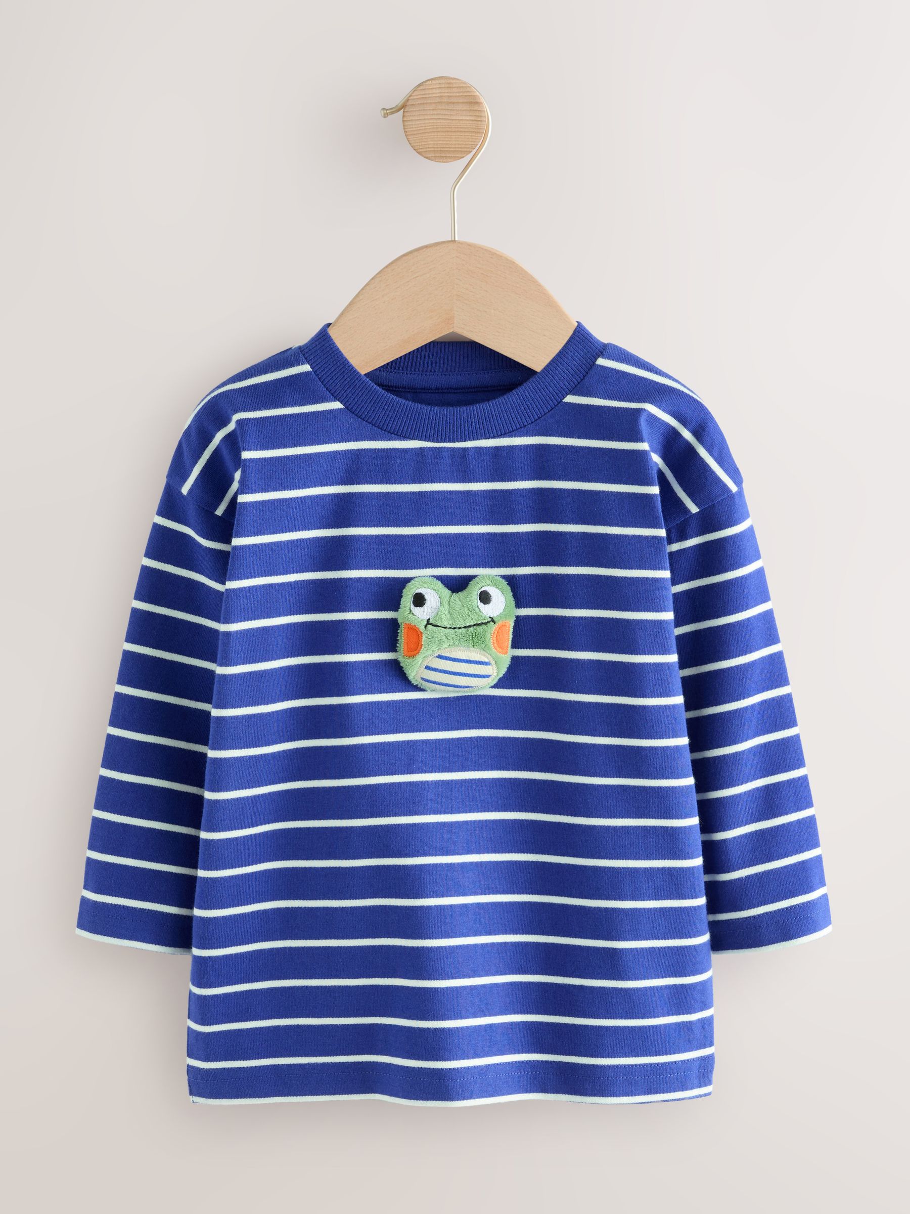 Blauw-wit gestreepte kikker - T-shirt met applicatie en lange mouwen (3 mnd-7 jr)