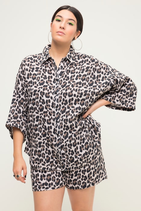 Bluse, oversized, Musselin, Leo, Hemdkragen, Halbarm