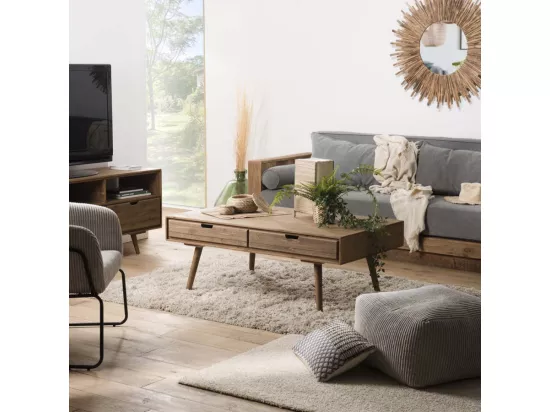 ANDREW - Table basse marron scandi rectangulaire 4 tiroirs bois Sapin