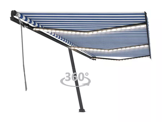 Auvent manuel rétractable avec LED 600x350 cm Bleu et blanc