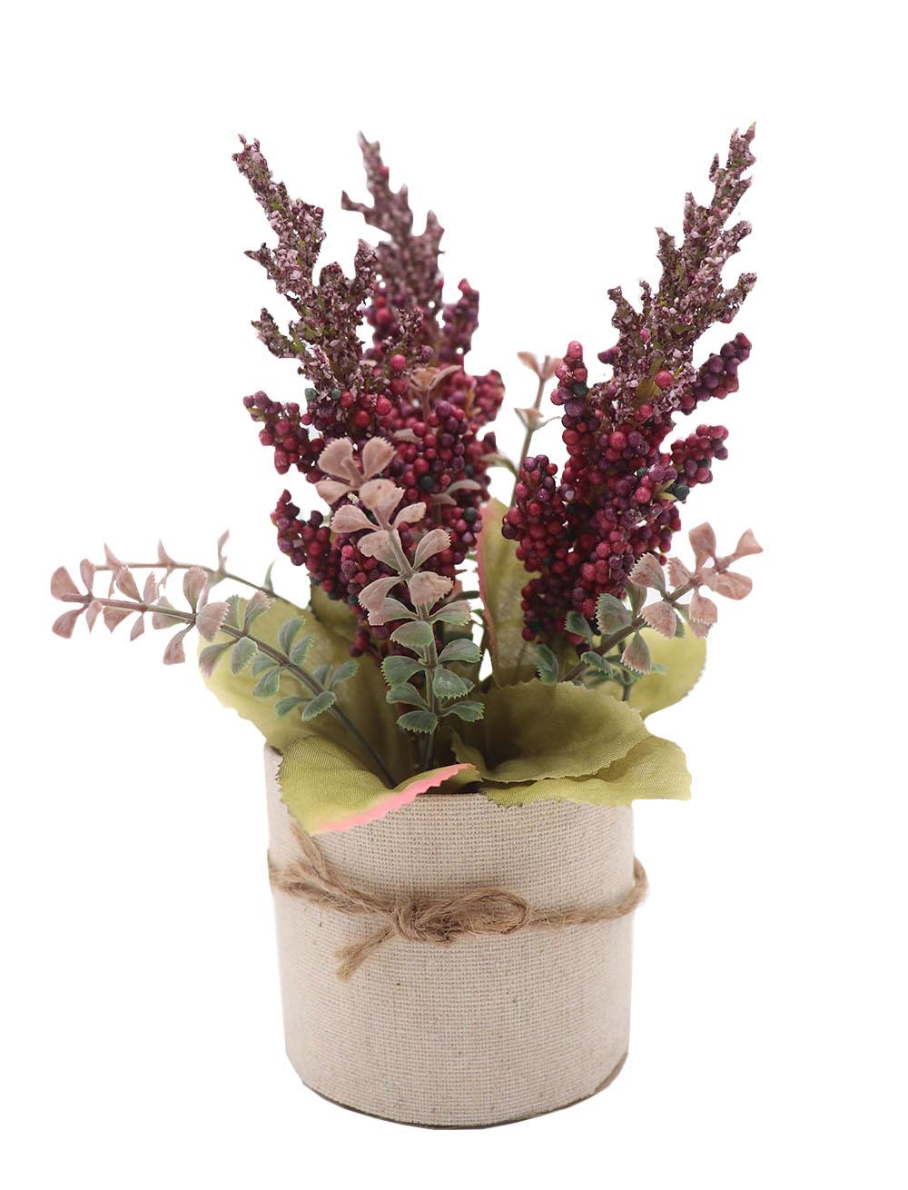 BOUQUET FLEURS ET FEUILLAGES CHAMPETRE POT H.19CM ROSE